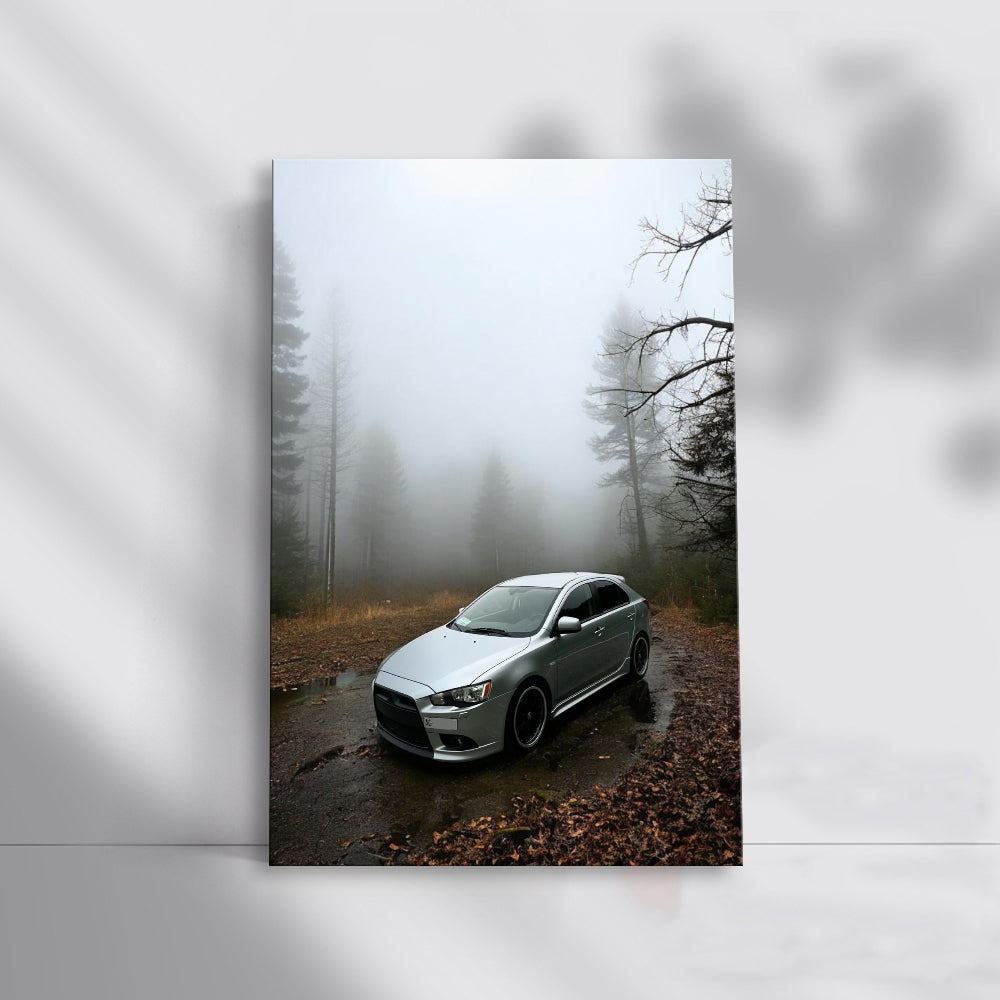 Silver Mitsubishi Lancer in Fog - Sleek and Stylish Drive
