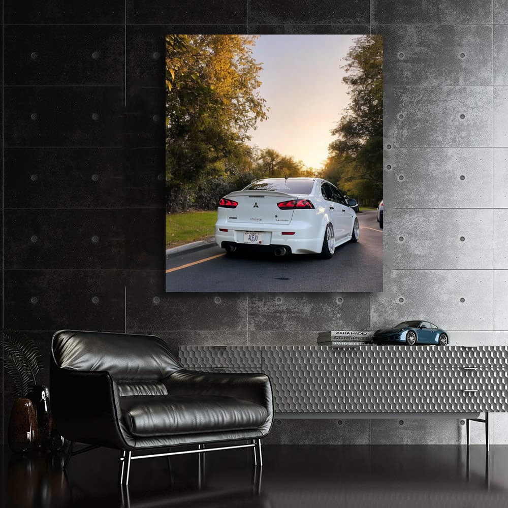 White Mitsubishi Lancer at Sunset - Sporty Elegance
