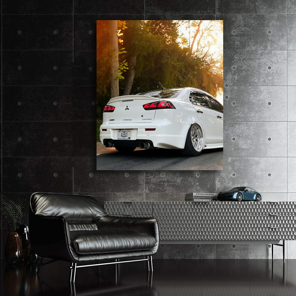 White Mitsubishi Lancer at Sunset - Sporty Elegance