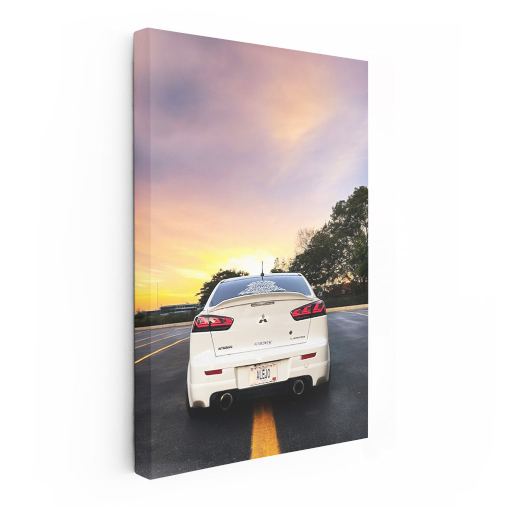 White Mitsubishi Lancer at Sunset - Sporty Elegance