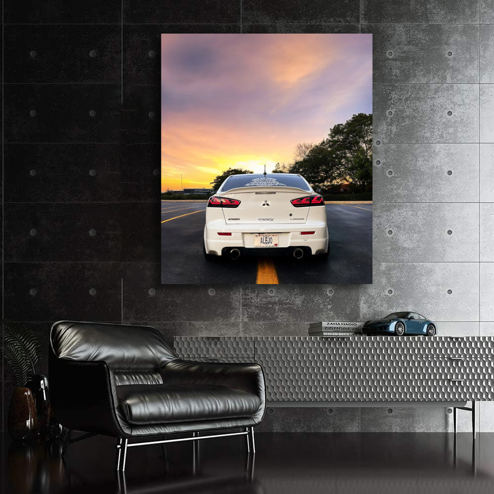 White Mitsubishi Lancer at Sunset - Sporty Elegance