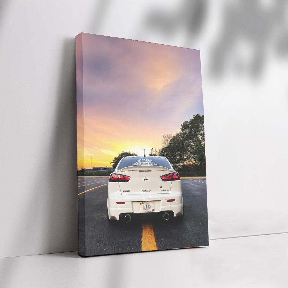 White Mitsubishi Lancer at Sunset - Sporty Elegance