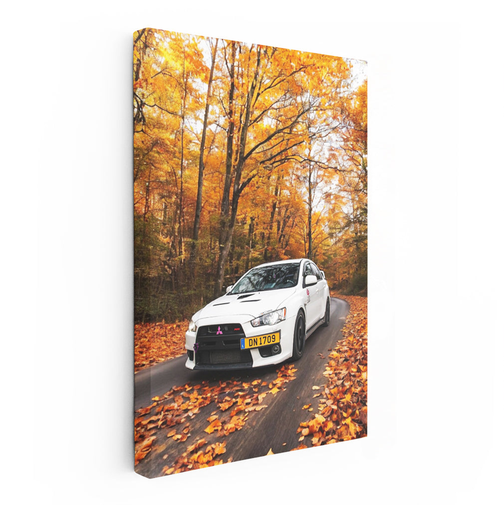 Mitsubishi Lancer in White Amid Autumn Woods - Style & Speed