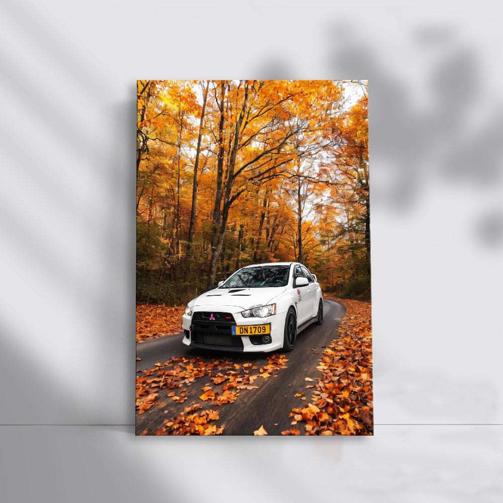Mitsubishi Lancer in White Amid Autumn Woods - Style & Speed
