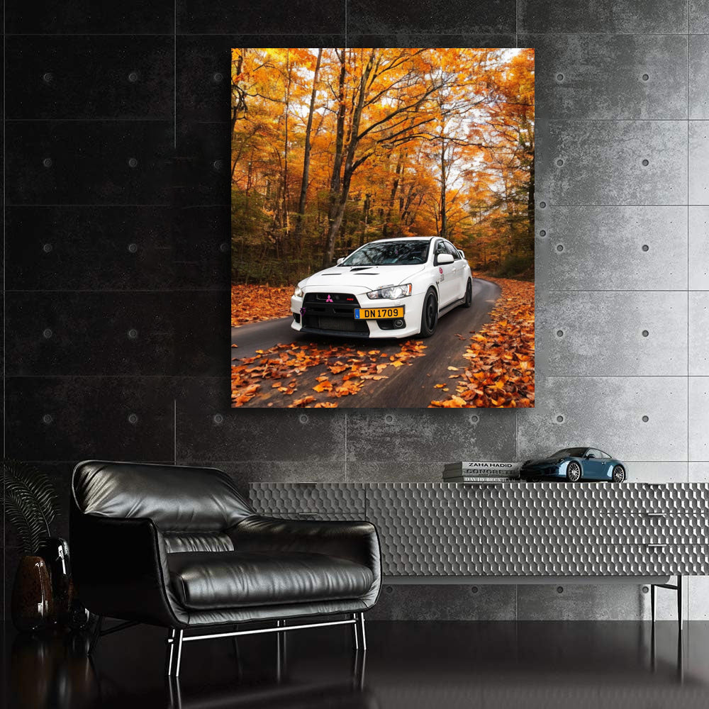 Mitsubishi Lancer in White Amid Autumn Woods - Style & Speed