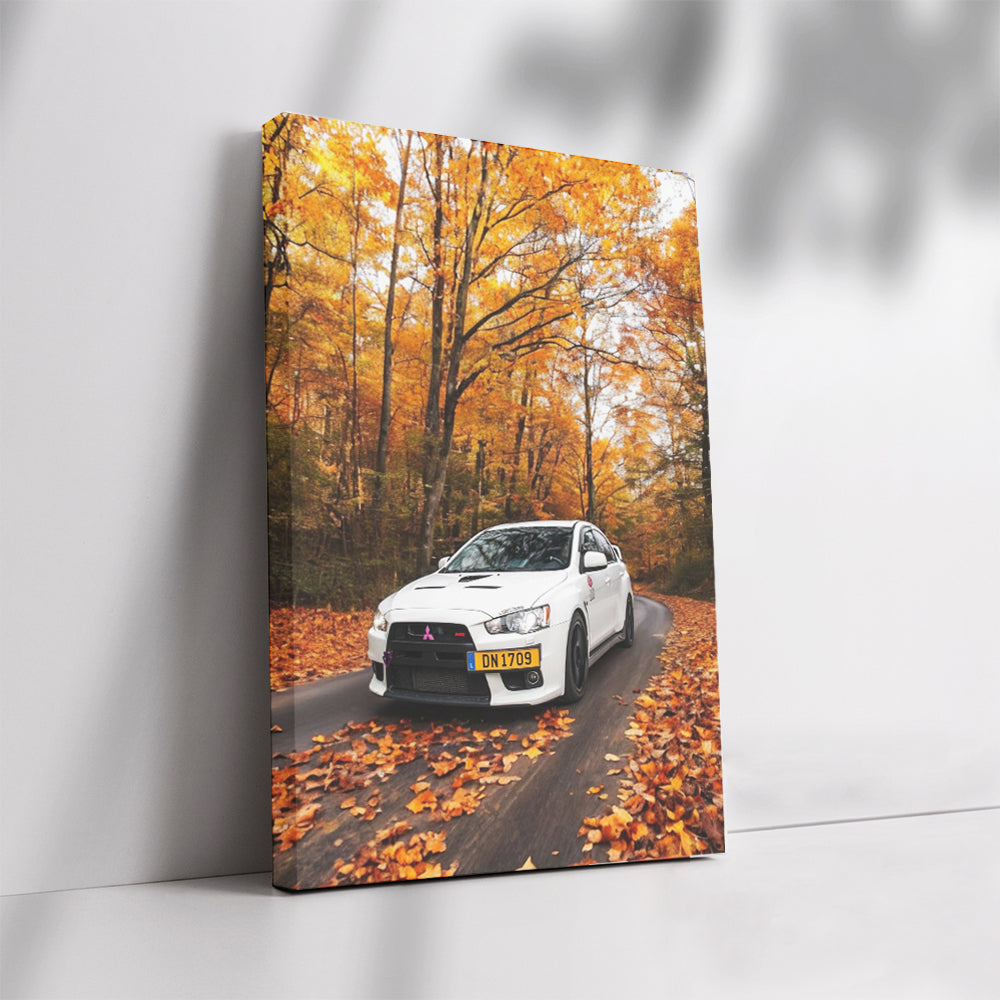 Mitsubishi Lancer in White Amid Autumn Woods - Style & Speed