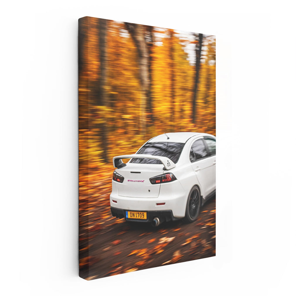 White Mitsubishi Lancer in Autumn Forest - Elegance Unleashed