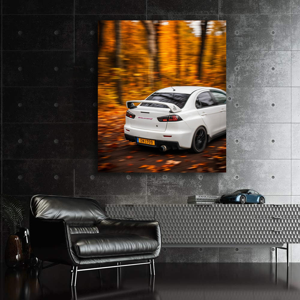 White Mitsubishi Lancer in Autumn Forest - Elegance Unleashed