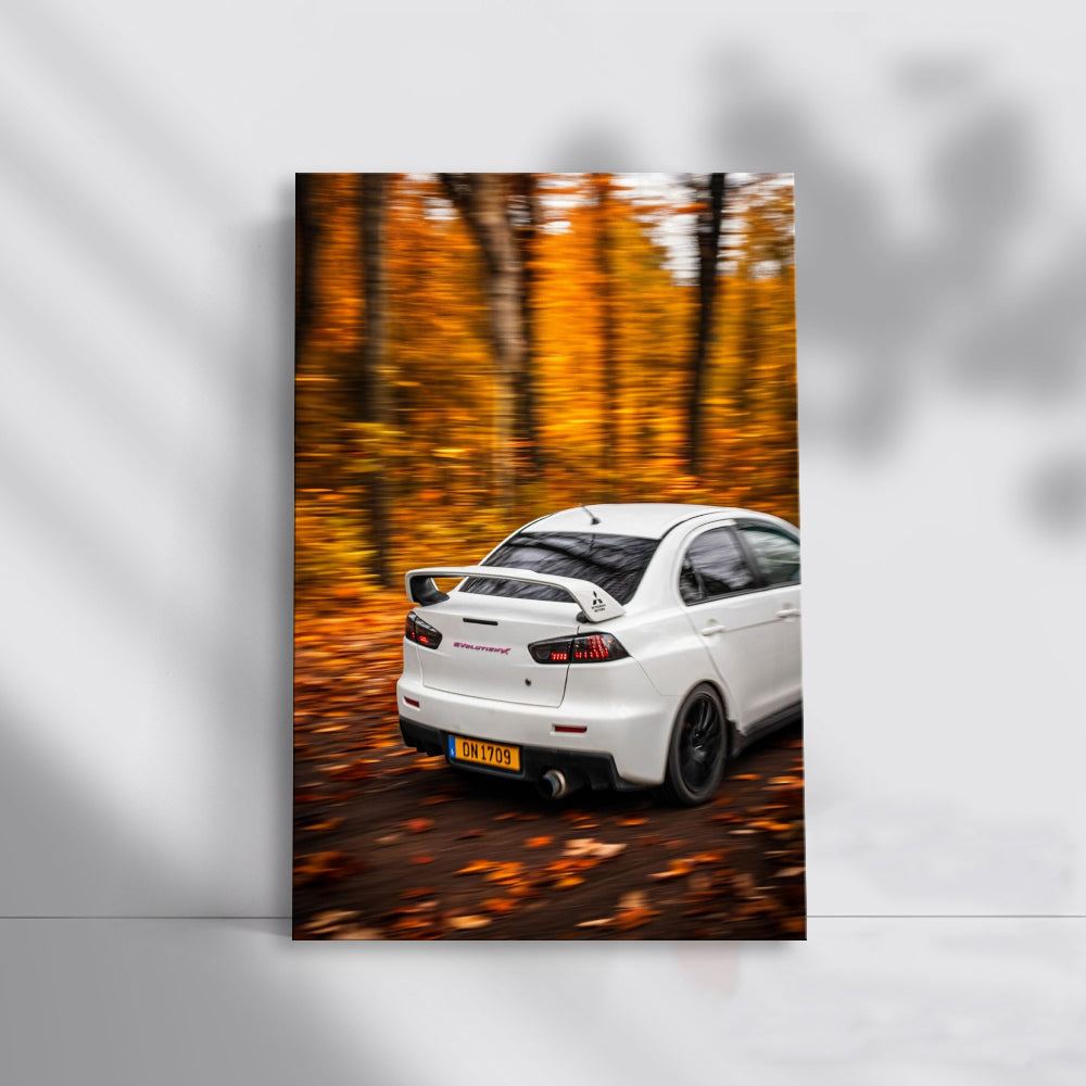White Mitsubishi Lancer in Autumn Forest - Elegance Unleashed