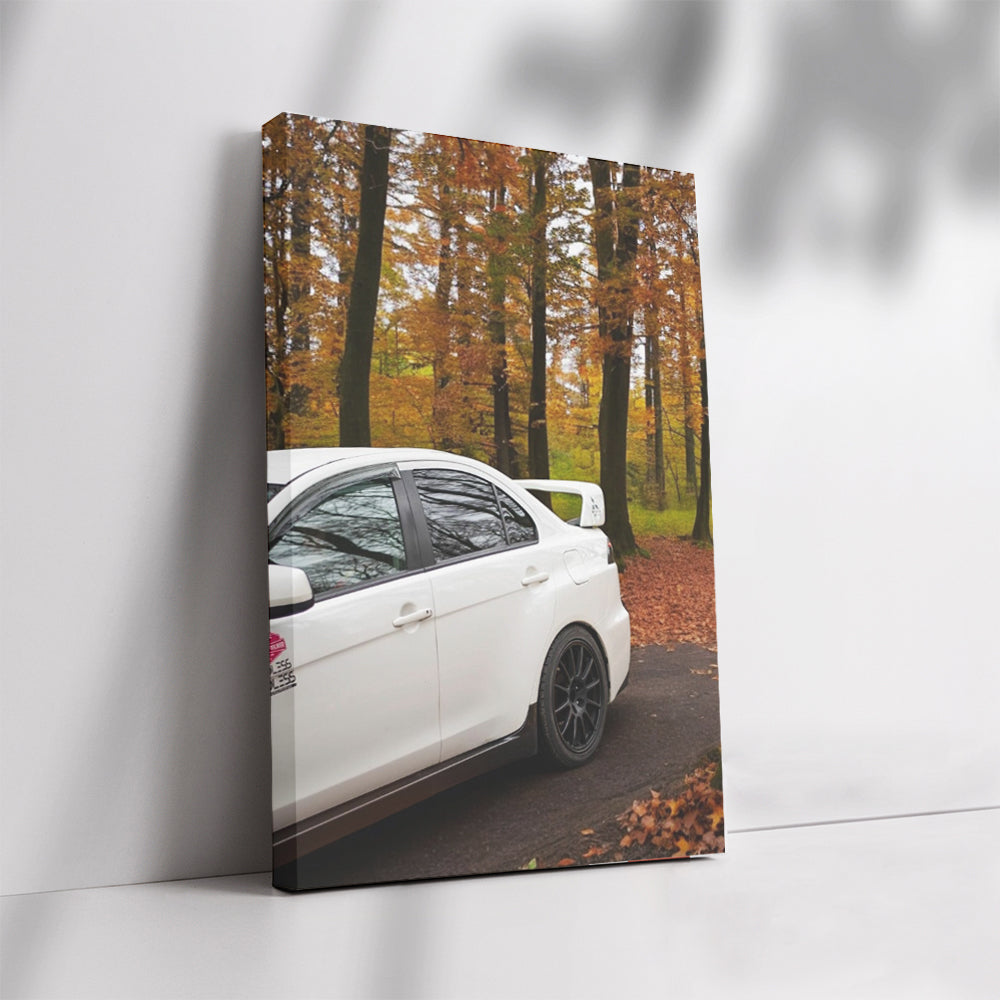 White Mitsubishi Lancer in Autumn Forest - Elegance in Motion