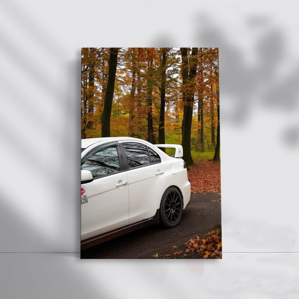 White Mitsubishi Lancer in Autumn Forest - Elegance in Motion