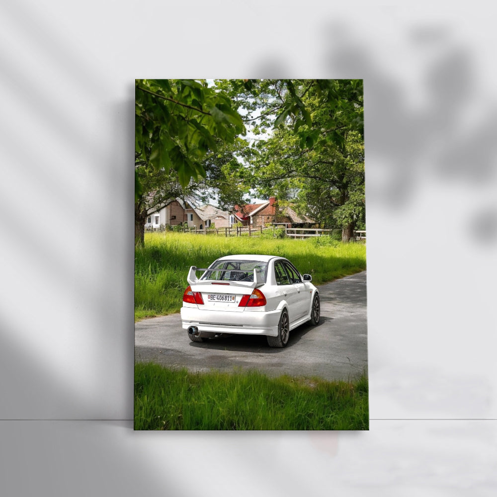 White Mitsubishi Lancer in Nature - Adventure-Ready Spirit