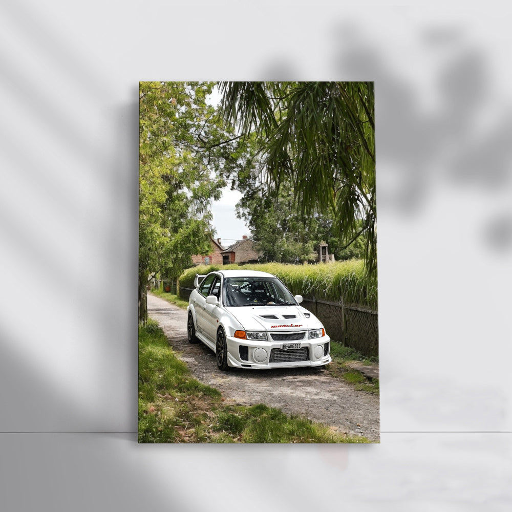 White Mitsubishi Lancer in Nature - Stylish and Dynamic