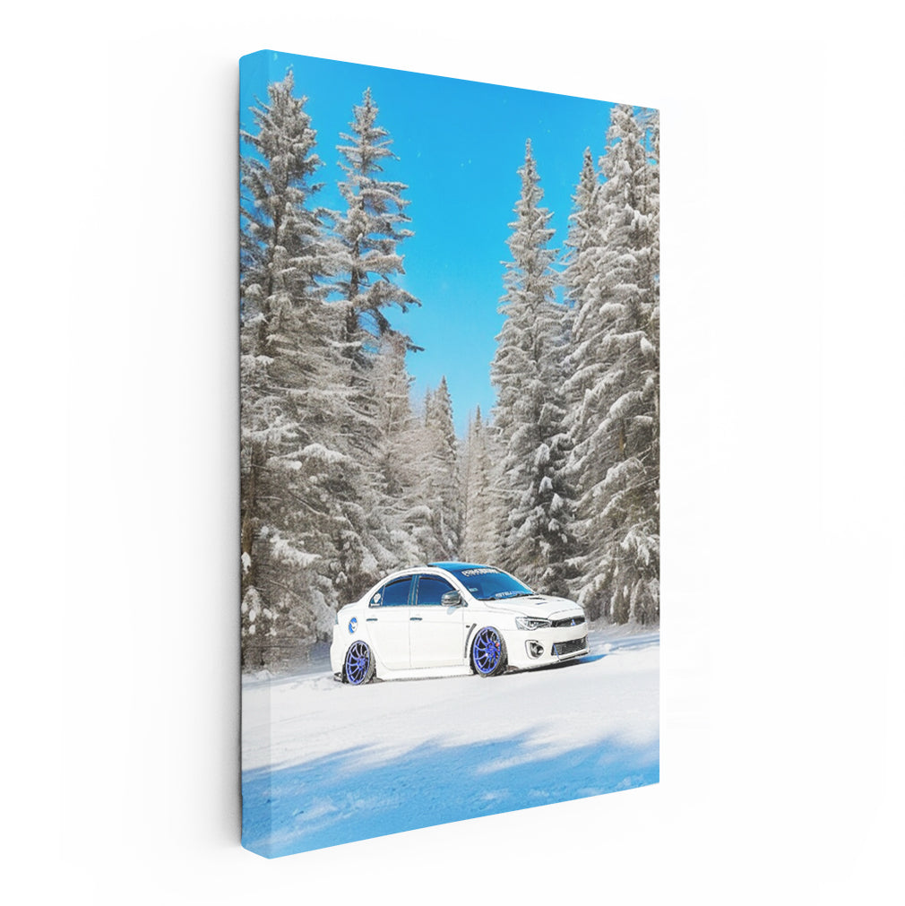 White Mitsubishi Lancer in Snowy Forest - Adventure Awaits