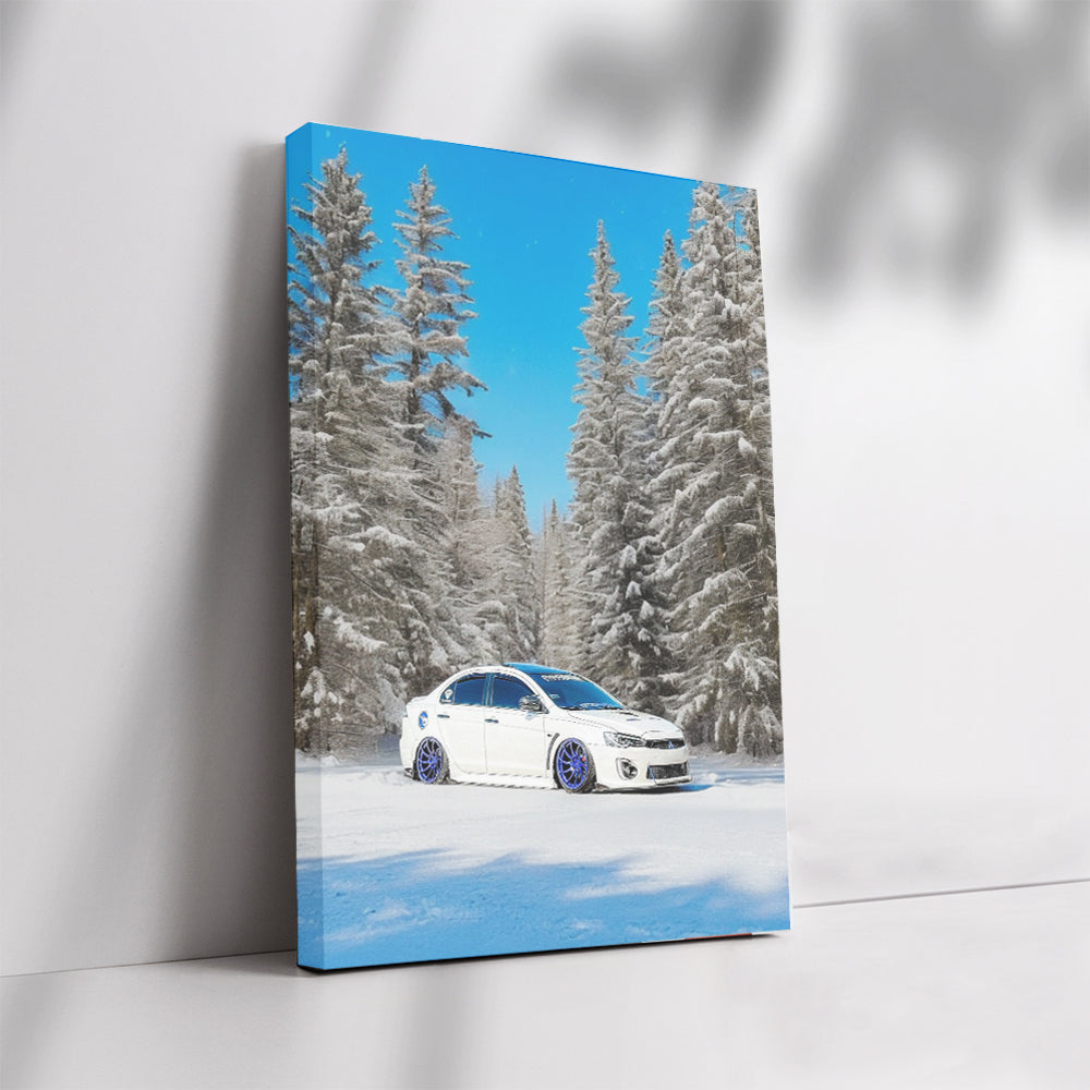 White Mitsubishi Lancer in Snowy Forest - Adventure Awaits