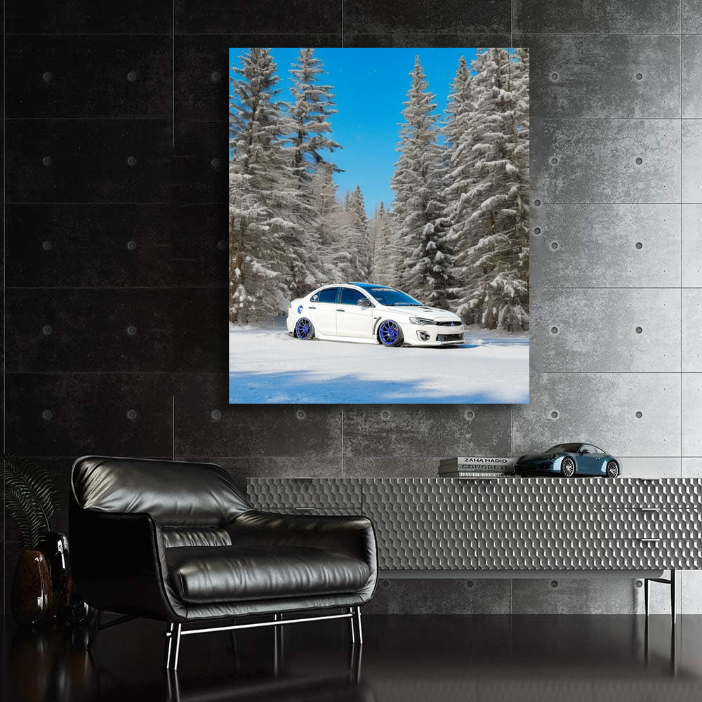 White Mitsubishi Lancer in Snowy Forest - Adventure Awaits