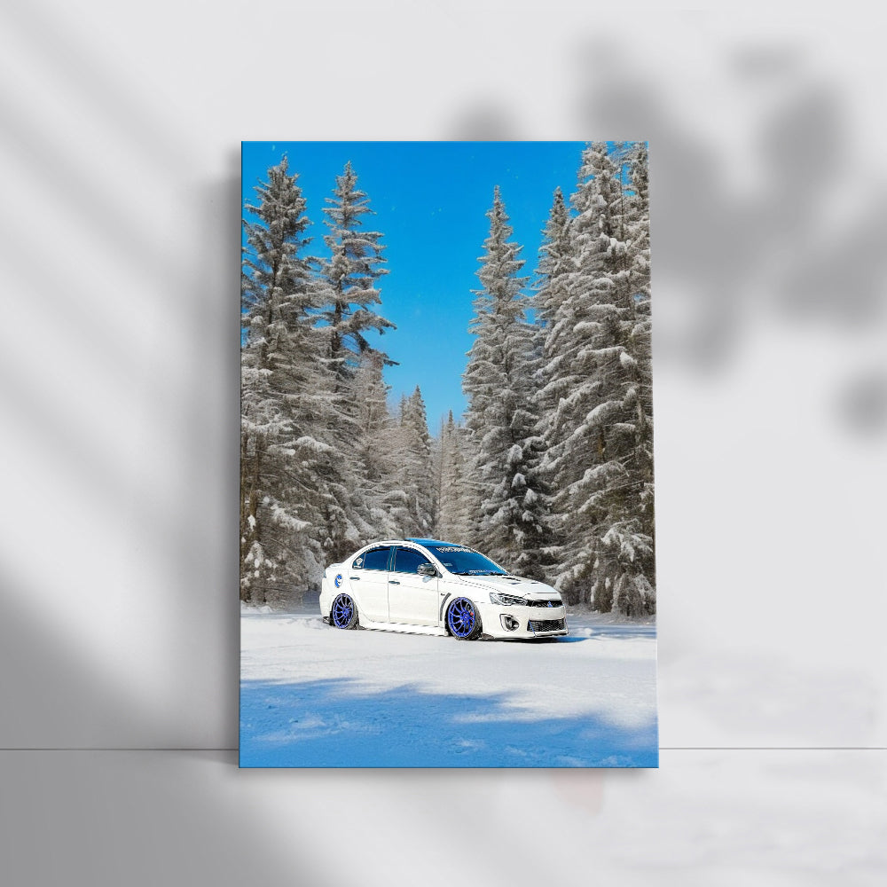 White Mitsubishi Lancer in Snowy Forest - Adventure Awaits