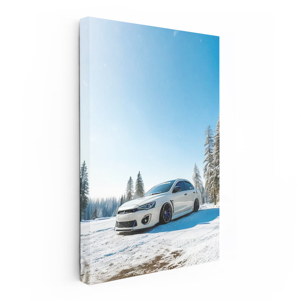 Mitsubishi Lancer in Snowy Forest - White Speedster Elegance