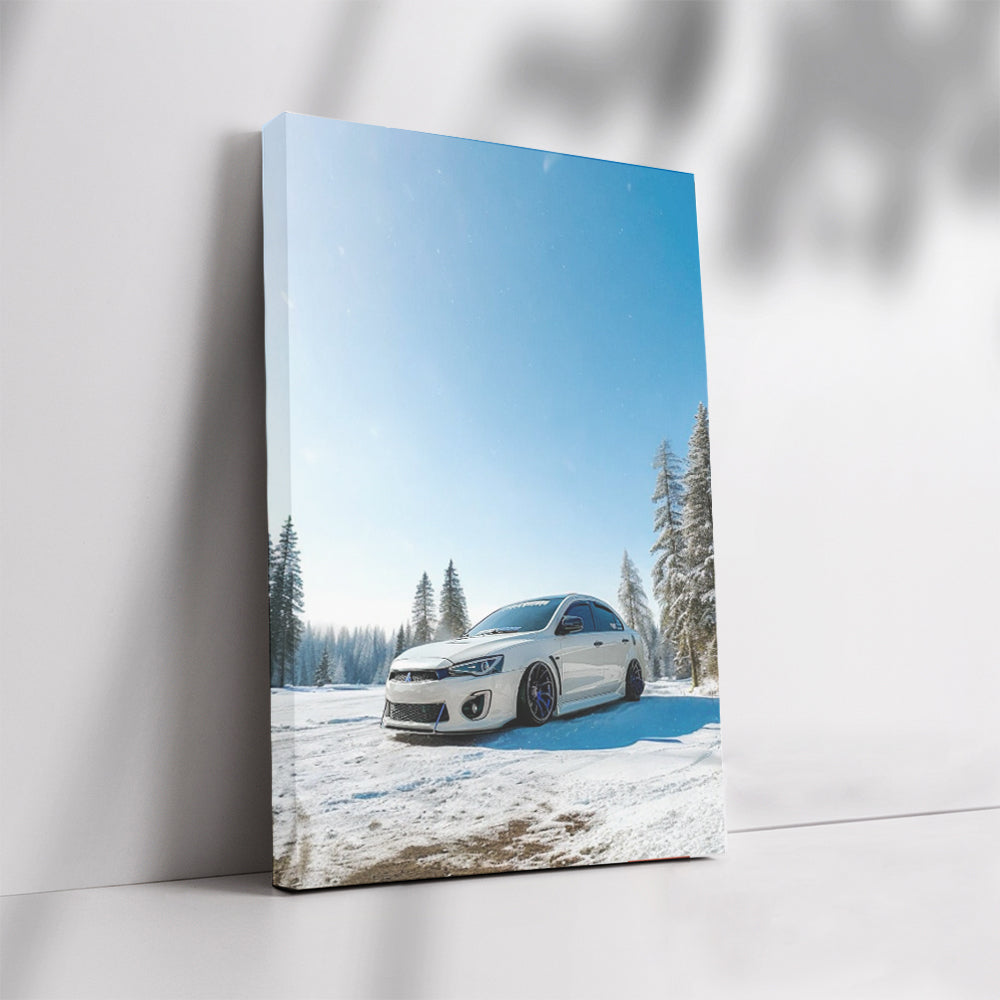 Mitsubishi Lancer in Snowy Forest - White Speedster Elegance