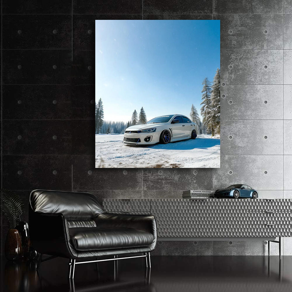 Mitsubishi Lancer in Snowy Forest - White Speedster Elegance
