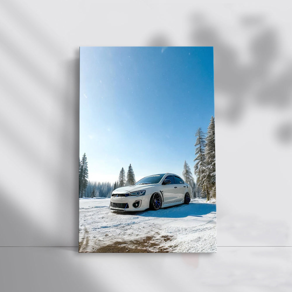 Mitsubishi Lancer in Snowy Forest - White Speedster Elegance
