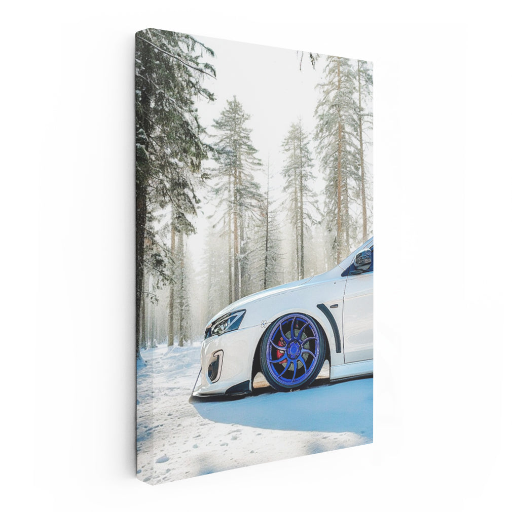 White Mitsubishi Lancer in Snowy Forest - Bold and Adventurous