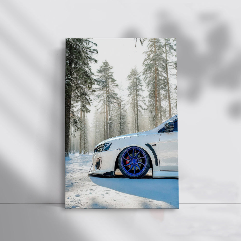 White Mitsubishi Lancer in Snowy Forest - Bold and Adventurous