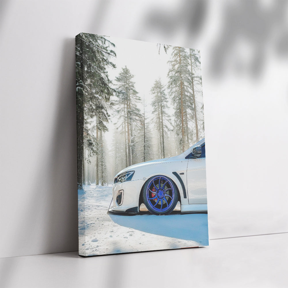 White Mitsubishi Lancer in Snowy Forest - Bold and Adventurous