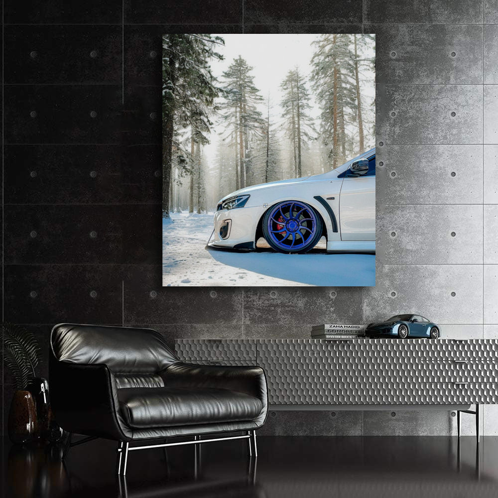 White Mitsubishi Lancer in Snowy Forest - Bold and Adventurous