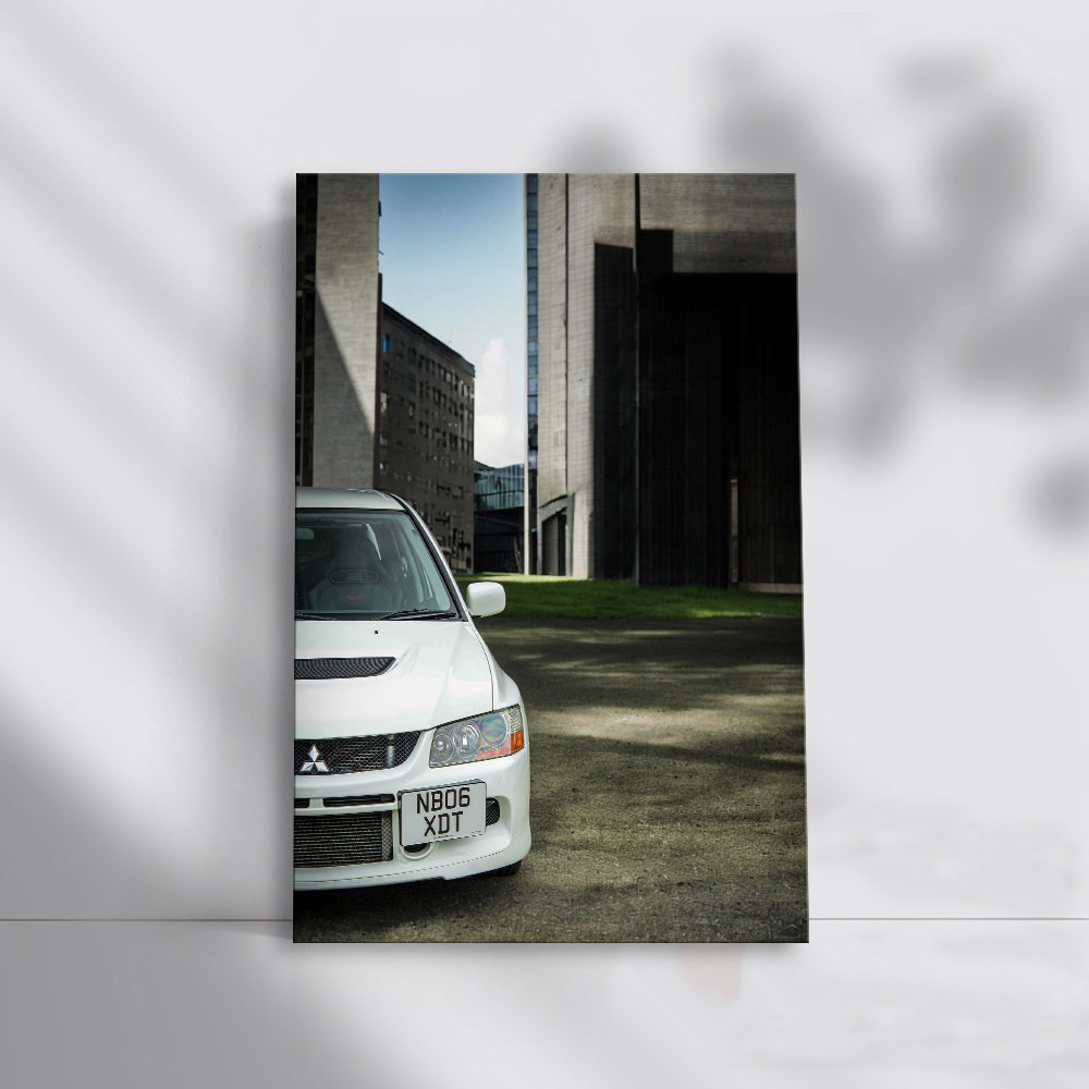White Mitsubishi Lancer in Urban Scene - Sleek and Stylish