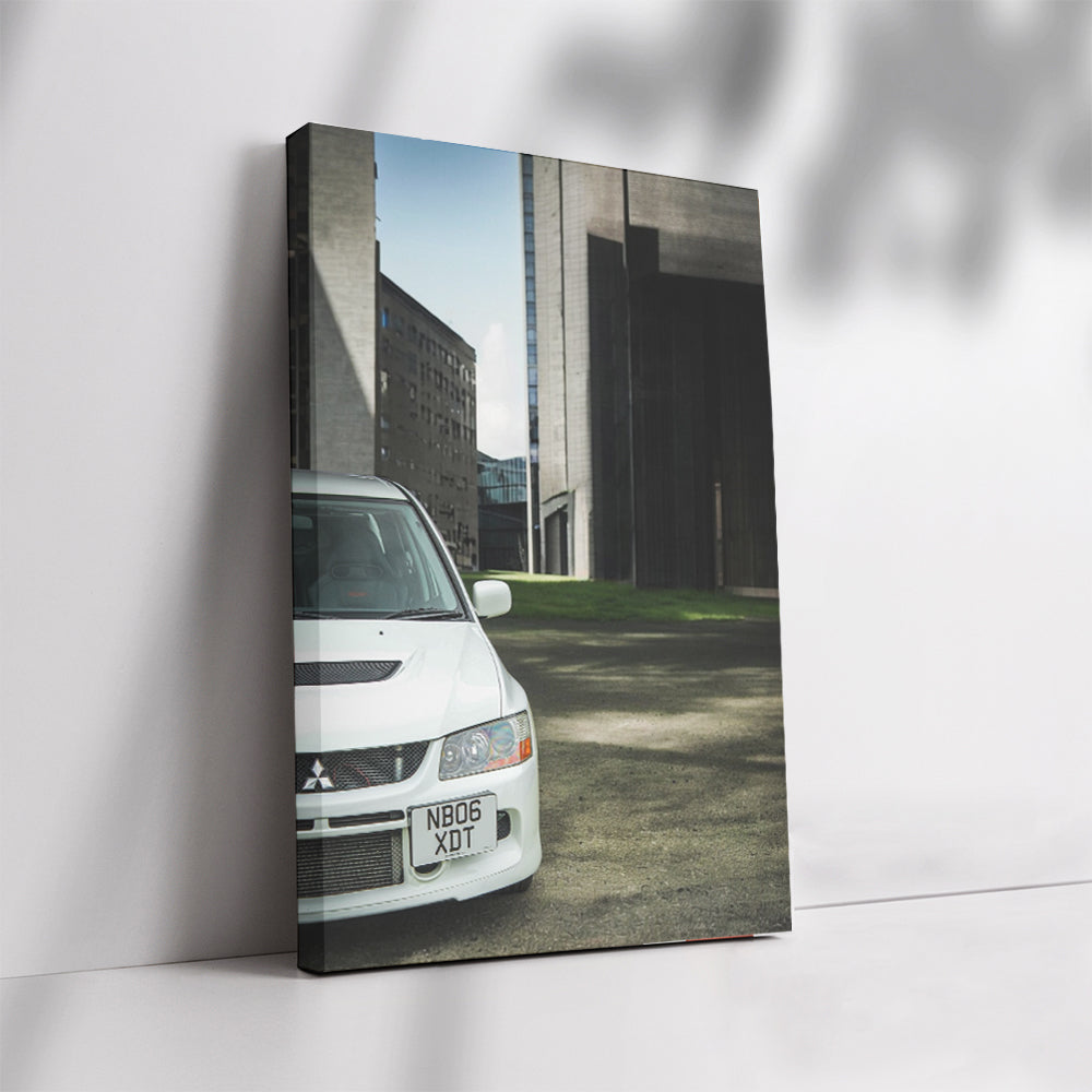 White Mitsubishi Lancer in Urban Scene - Sleek and Stylish