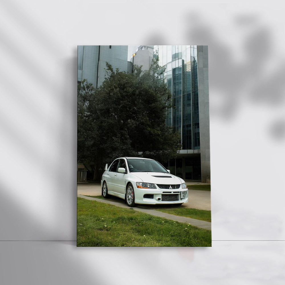 White Mitsubishi Lancer in Urban Setting - Stylish and Sporty