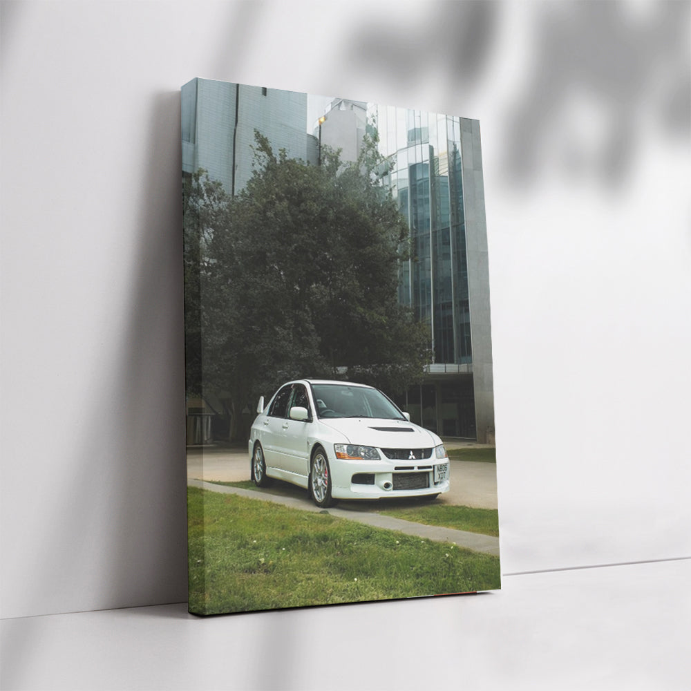 White Mitsubishi Lancer in Urban Setting - Stylish and Sporty