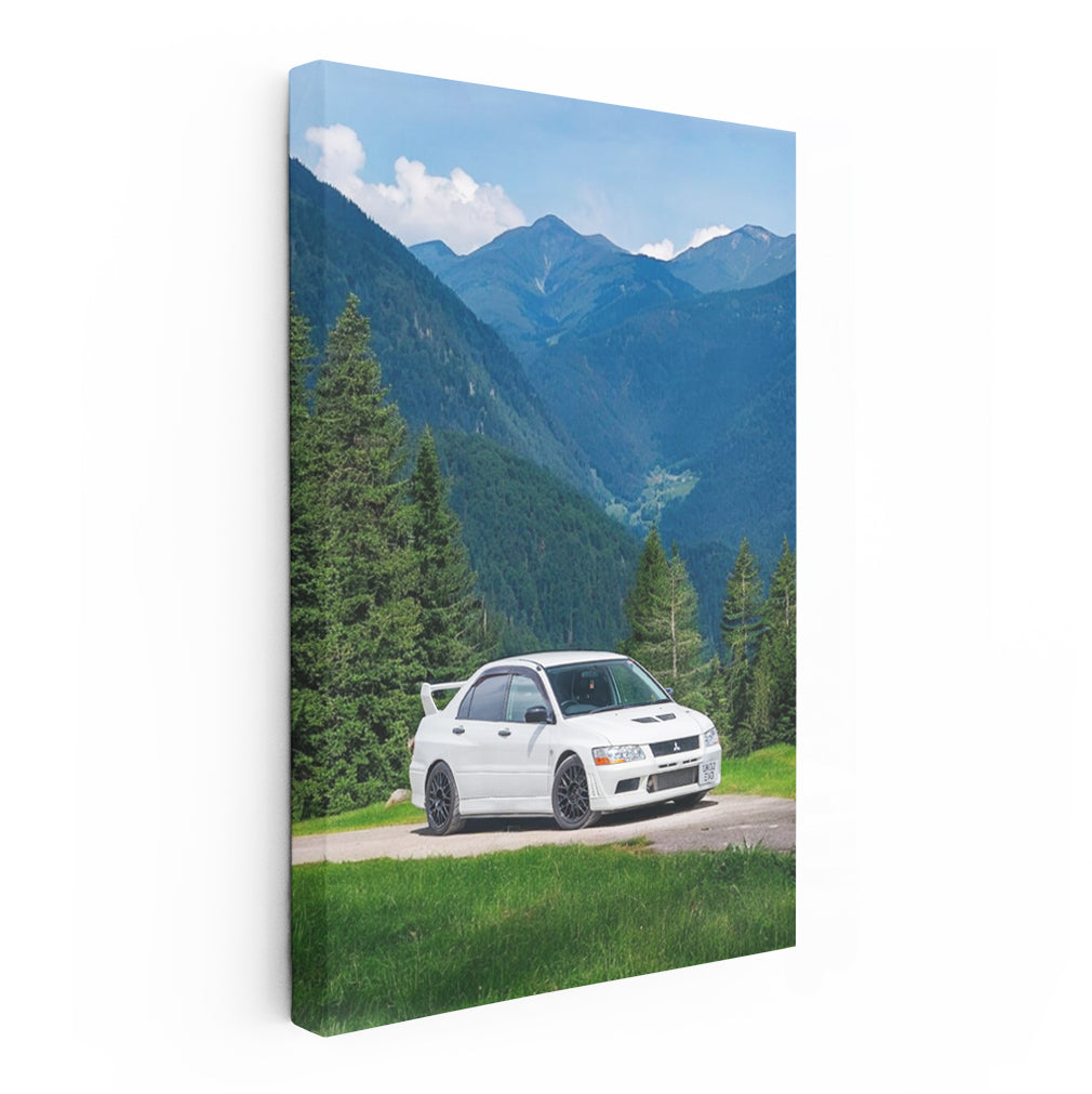 White Mitsubishi Lancer Driving Through Majestic Mountains - Thrilling Adventure