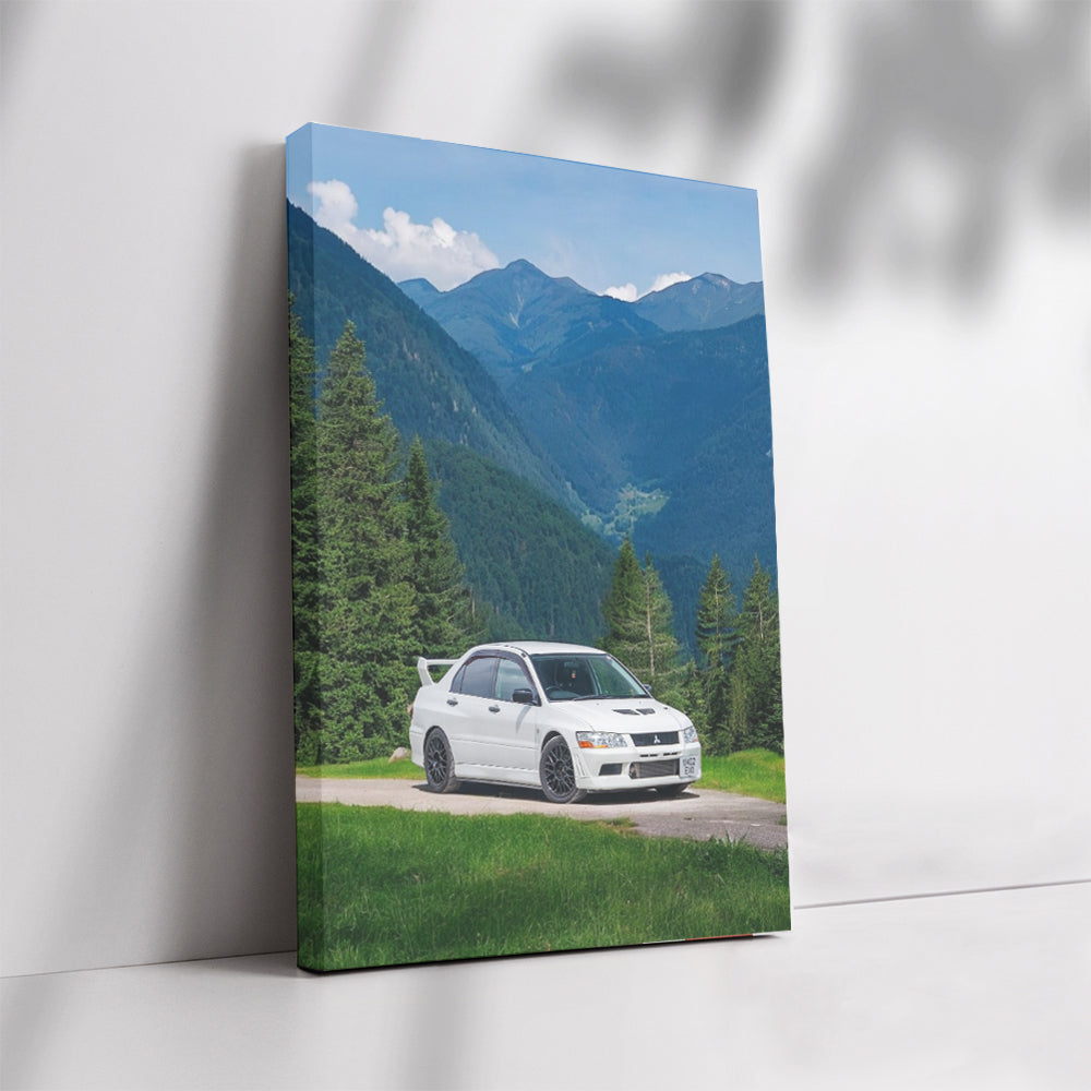 White Mitsubishi Lancer Driving Through Majestic Mountains - Thrilling Adventure