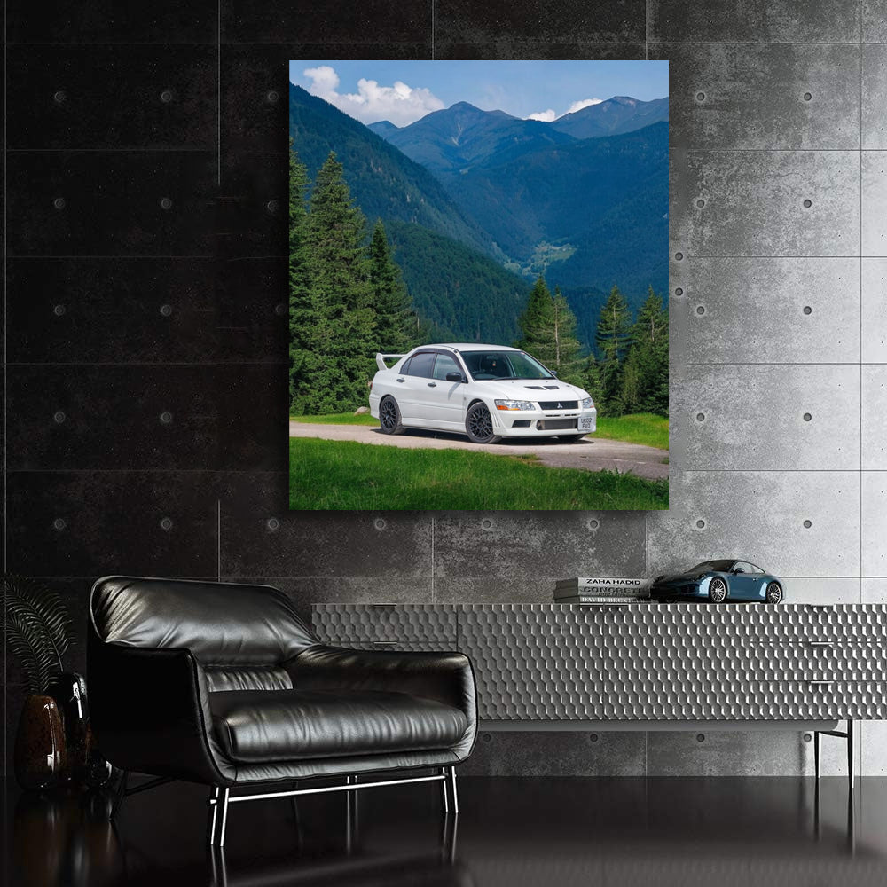 White Mitsubishi Lancer Driving Through Majestic Mountains - Thrilling Adventure