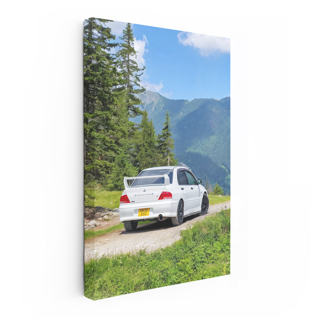 White Mitsubishi Lancer in Mountainous Terrain - Adventure Ready