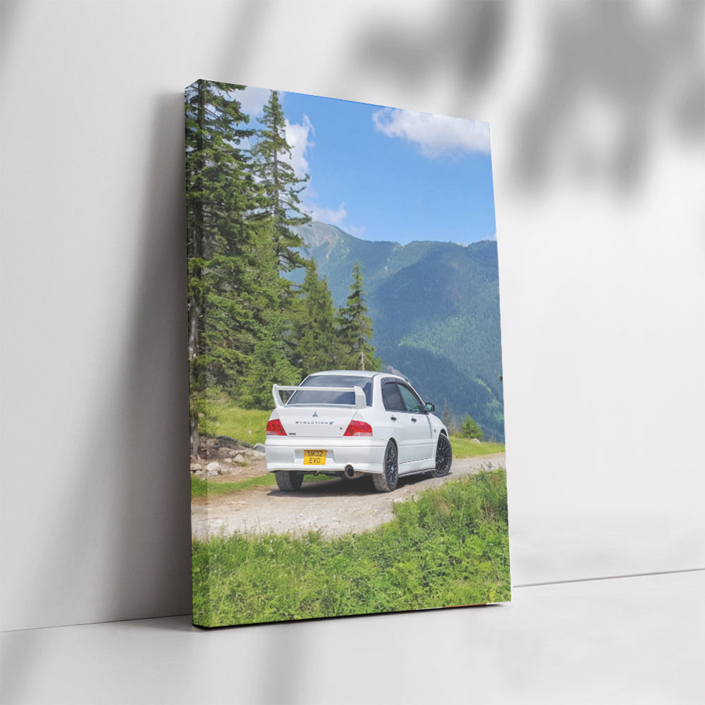 White Mitsubishi Lancer in Mountainous Terrain - Adventure Ready