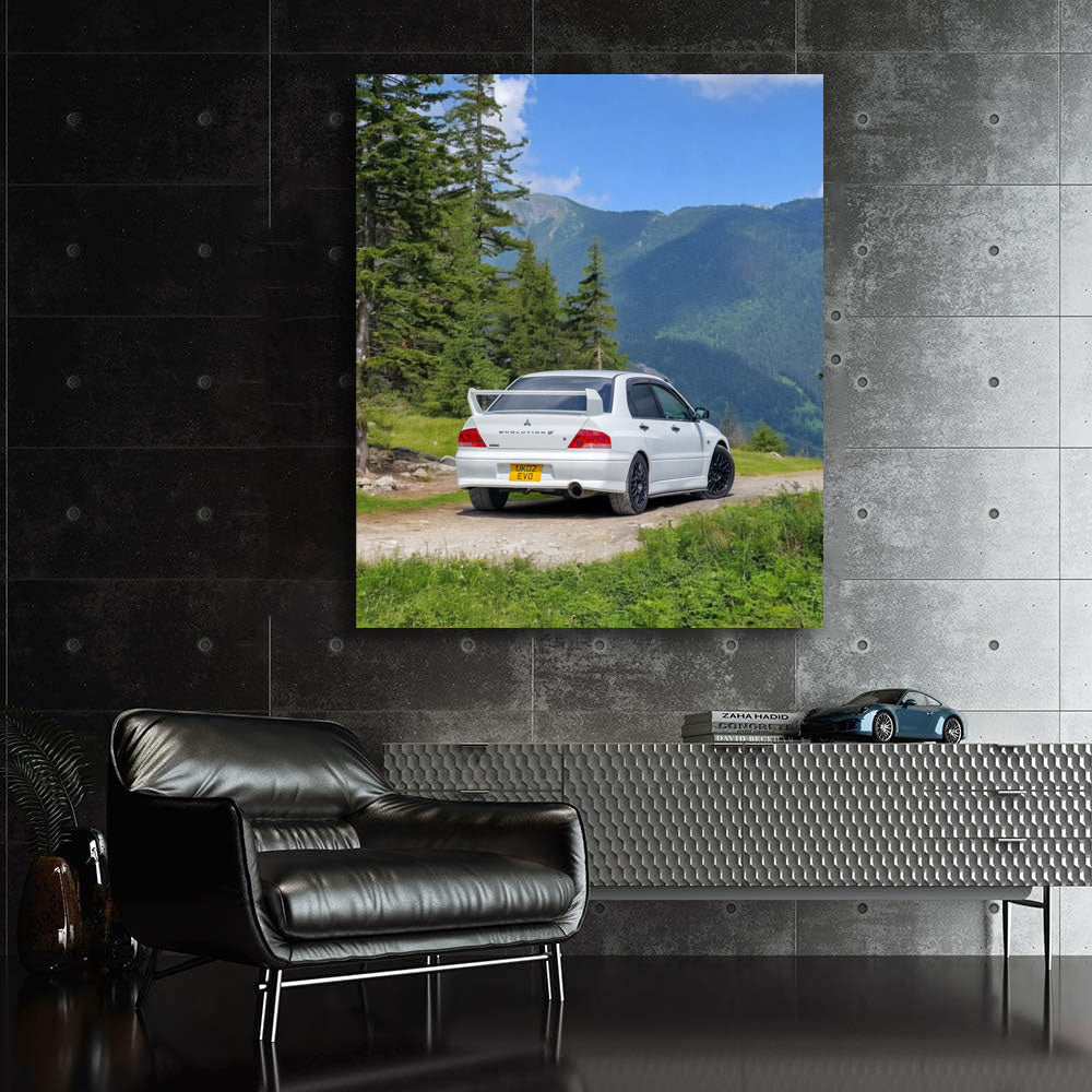 White Mitsubishi Lancer in Mountainous Terrain - Adventure Ready