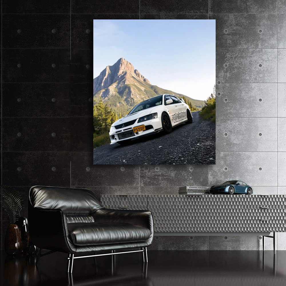White Mitsubishi Lancer in Mountainous Terrain - Sporty Drive