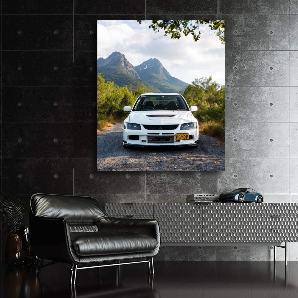 White Mitsubishi Lancer in Mountainous Terrain - Sporty Drive