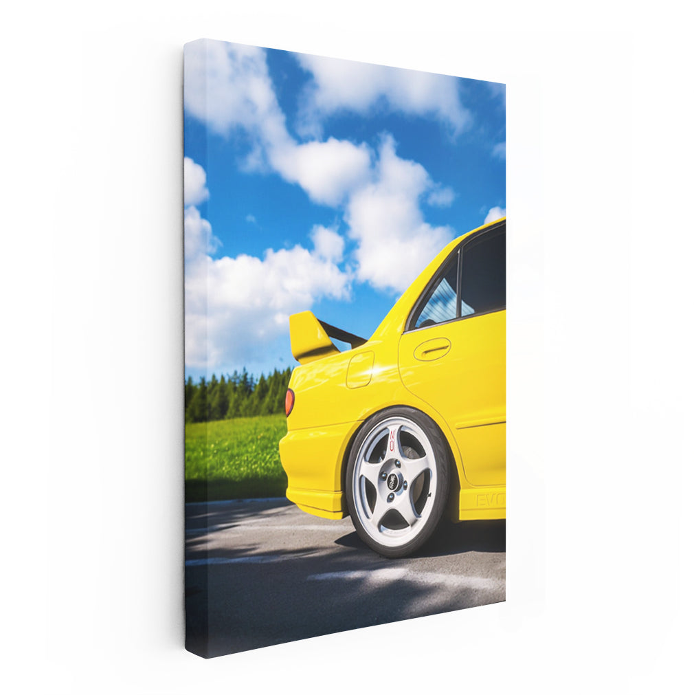 Vibrant Yellow Mitsubishi Lancer in Nature - Adventure Awaits