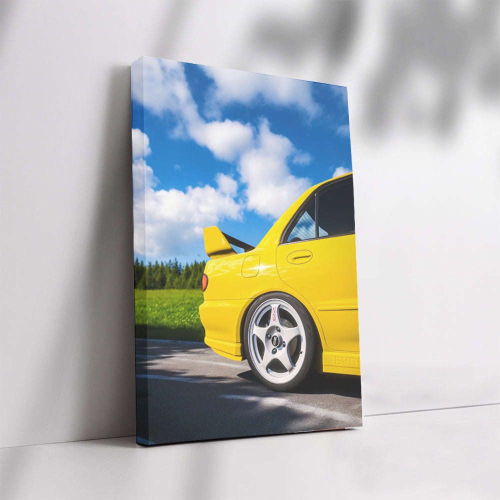 Vibrant Yellow Mitsubishi Lancer in Nature - Adventure Awaits