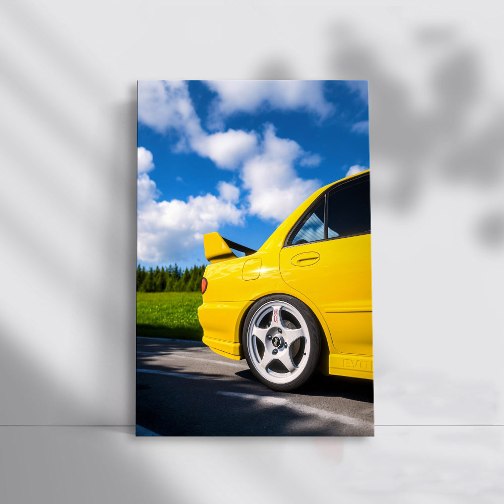 Vibrant Yellow Mitsubishi Lancer in Nature - Adventure Awaits