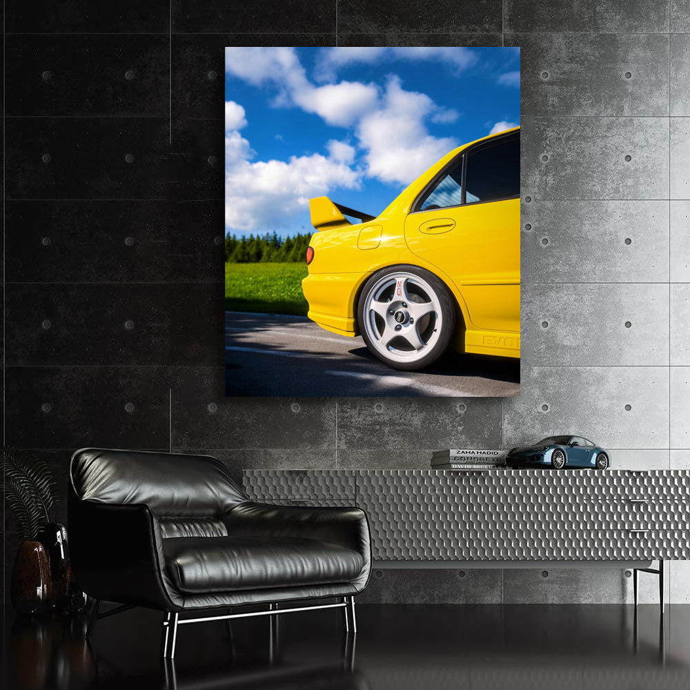 Vibrant Yellow Mitsubishi Lancer in Nature - Adventure Awaits