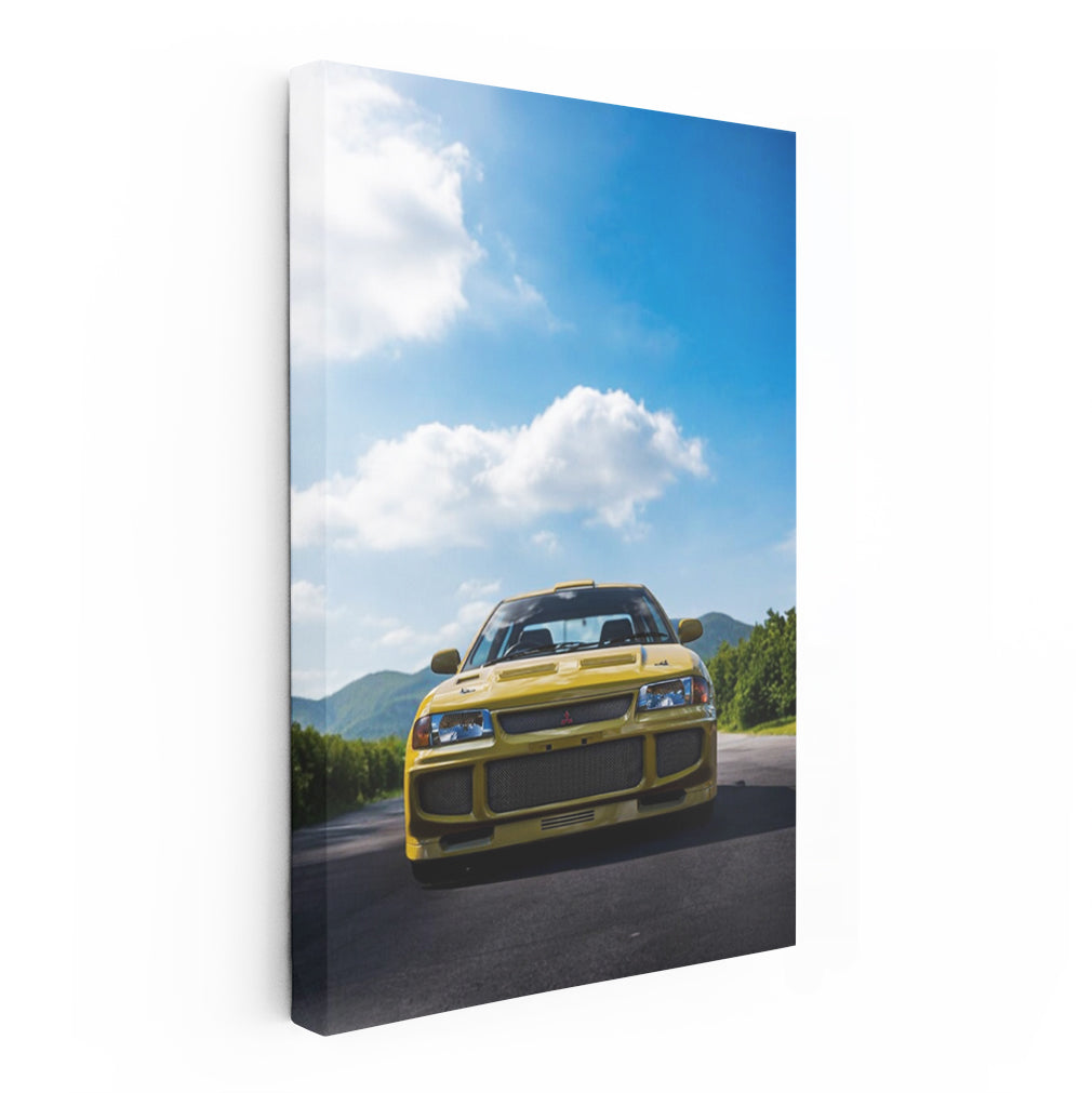 Vibrant Yellow Mitsubishi Lancer in Nature - Adventurous Spirit
