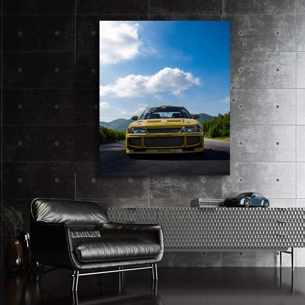 Vibrant Yellow Mitsubishi Lancer in Nature - Adventurous Spirit