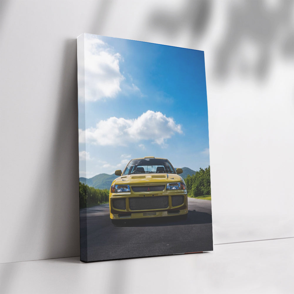 Vibrant Yellow Mitsubishi Lancer in Nature - Adventurous Spirit