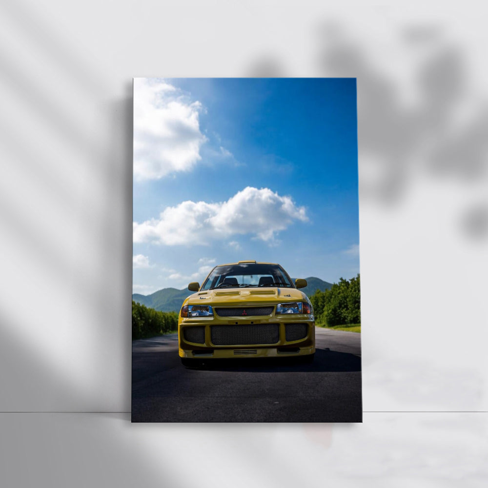 Vibrant Yellow Mitsubishi Lancer in Nature - Adventurous Spirit