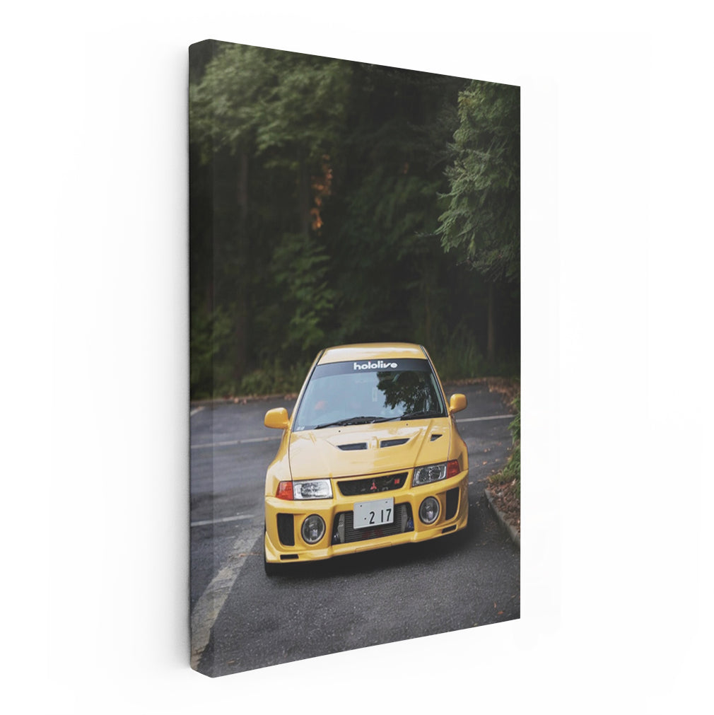 Vibrant Yellow Mitsubishi Lancer in Forest - Bold and Dynamic